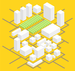 City isometric map, consisting of city skyscrapers block, trees and roads. Vector illustration.
