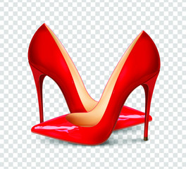 A pair of beautiful female shoes on a transparent background, sexy shoes, classic. High-heeled shoes, patent leather shoes. 3D effect. Vector illustration. EPS10