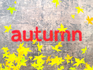Blurred abstract background with autumn leaves and word autumn