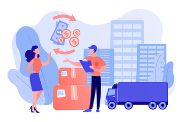 Express delivery service flat vector illustration. Urban cargo trucking, goods transportation business, cash refund, parcel return concept. Young woman and courier in uniform cartoon characters