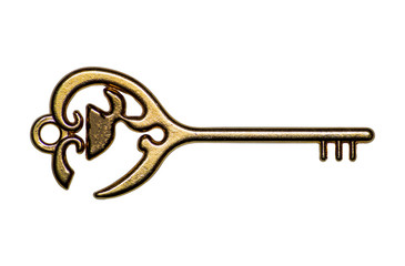 Decorative gold key. Golden key to the music box on a white background.