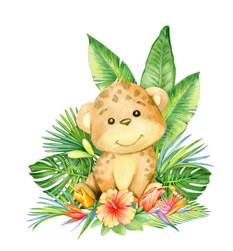 the leopard is cute, sitting under a palm tree. children's picture, watercolor, tropical plants and flowers.