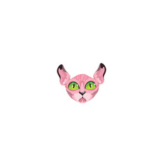 Hairless pink sphynx cats face with green eyes vector illustration