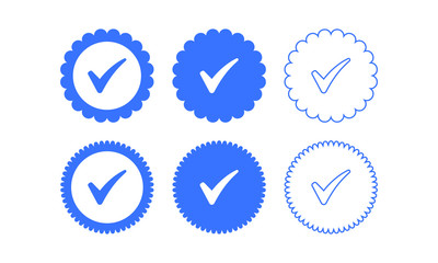 Set of quality icons. Blue flat star shape stickers. Profile Verification sign. Vector badges of warranty, approval, accept and quality. Flat vector check mark.