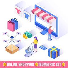 Online shopping isometric set. Landing page template, web banner, infographics. Isometric vector illustration.