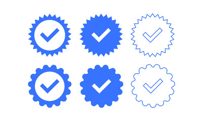 Set of quality icons. Blue flat star shape stickers. Profile Verification sign. Vector badges of warranty, approval, accept and quality. Flat vector check mark.