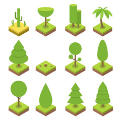 Isometric tree set. Big and small trees, pine, shrubs, felled trees, cacti, palms. Vector illustration.