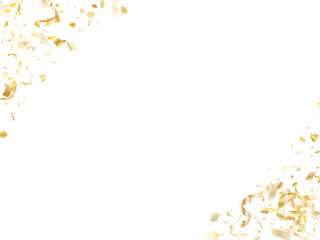 Holiday realistic gold confetti flying on black background.