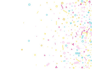 Flat 90s style bauhaus pink blue yellow party confetti flying on white.
