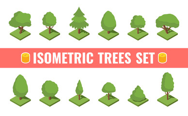 Big isometric tree set. Big and small trees, pine, shrubs, felled trees, cacti, palms. Vector illustration.