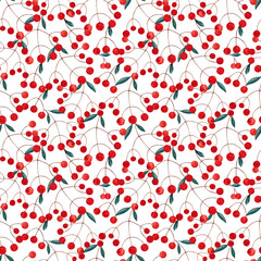 Seamless watercolor pattern with red winter berries on a white background. Watercolor illustration in Scandinavian style for t-shirts, fabrics, stickers, packaging paper, clothing design