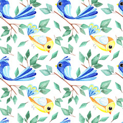 Fototapeta premium Seamless pattern with watercolor colored birds, colorful autumn design. Watercolor illustration in Scandinavian style for t-shirts, fabrics, stickers, packaging paper 