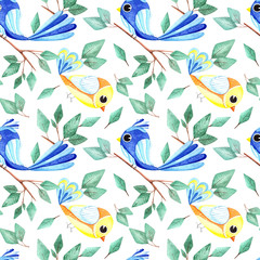 Seamless pattern with watercolor colored birds, colorful autumn design. Watercolor illustration in Scandinavian style for t-shirts, fabrics, stickers, packaging paper	