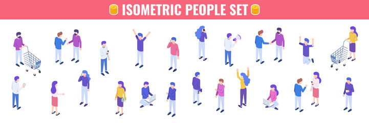 Big isometric people set. Characters isolated on white background. Vector illustration.