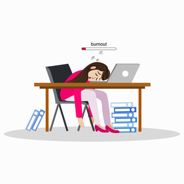 Burn Out Syndrome Concept Illustration With Exhausted Female Office Worker Sitting At The Table. Frustrated Worker, Mental Health Problems. Vector Illustration In Flat Style