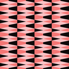 Bold geometric seamless tiled pattern in black, pink and coral. Retro styled mod look  that is eye catching for packaging, backgrounds, fashion, textiles, paper items and decor accents. Vector.