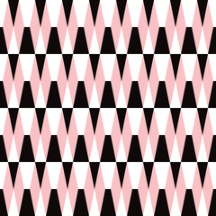 Bold geometric seamless tiled pattern in black, pink and white. Retro styled mod look  that is eye catching for packaging, backgrounds, fashion, textiles, paper items and decor accents. Vector.
