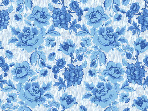 Seamlessly repeating blue damask rose pattern