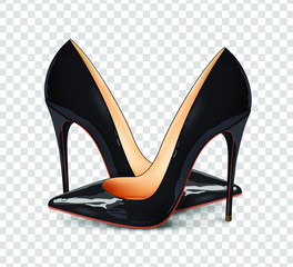 A pair of beautiful female shoes on a transparent background, sexy shoes, classic. High-heeled shoes, black patent leather shoes. 3D effect. Vector illustration. EPS10