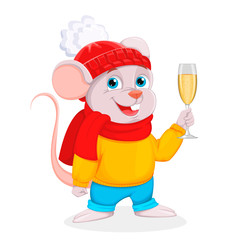 Funny cartoon mouse holds a glass of champagne