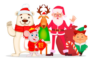 Santa Claus, Elf, deer, mouse and polar bear