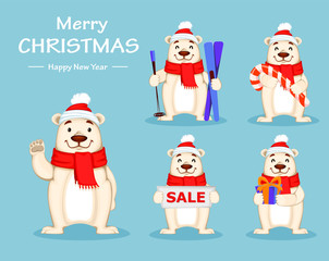 Polar bear in Christmas hat and scarf