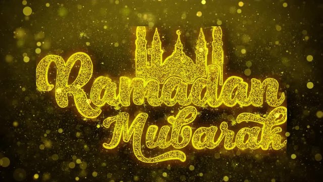 Ramadan Mubarak wish Text Golden Glitter Glowing Lights Shine Particles. Greeting card, Wishes, Celebration, Party, Invitation, Gift, Event, Message, Holiday, Festival 4K Loop Animation.