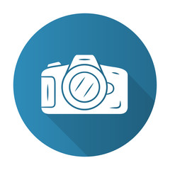 Photo camera blue flat design long shadow glyph icon. Professional photocamera. Making snapshots, taking pictures device. Photographing equipment. Photographer tool. Vector silhouette illustration