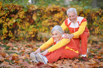 Fototapeta premium fit senior couple exercising in autumn park
