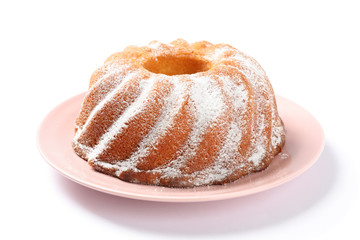Cake with powdered sugar isolated on white background