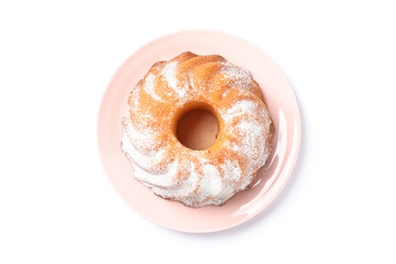 Cake with powdered sugar isolated on white background