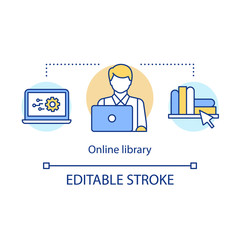 Online library concept icon. Digital bookstore, virtual library idea thin line illustration. Modern book shop, internet web store. Elearning software. Vector isolated outline drawing. Editable stroke