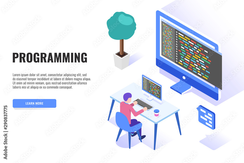 Poster programming concept, web engineer at work. man working on desktop computer. web banner, infographics