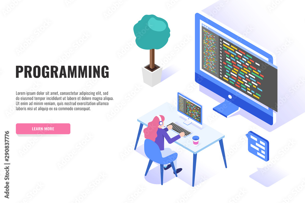 Poster programming concept, web engineer at work. woman working on desktop computer. web banner, infographi