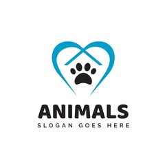 Pet shop clinic home care logo design with blue heart, roof house and dog or cat footprints