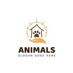 Pet shop clinic home care logo design with yellow sun rays, house, hand and dog or cat footprints