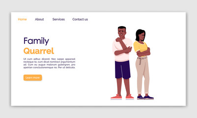 Family quarrel landing page vector template. Couple miff website interface idea with flat illustrations. Relationship crisis homepage layout. Offended man, woman web banner, webpage cartoon concept