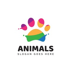 Pet shop clinic home care logo design with colorful painting rainbow dog or cat footprints