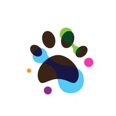 Pet shop clinic home care logo design with colorful painting rainbow dog or cat footprints