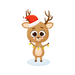 Christmas deer with a garland in the hands. Red hat of Santa Claus. Vector illustration. Cute cartoon deer. Isolated on white background
