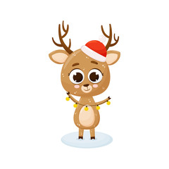 Christmas deer with a garland in the hands. Red hat of Santa Claus. Vector illustration. Cute cartoon deer. Isolated on white background
