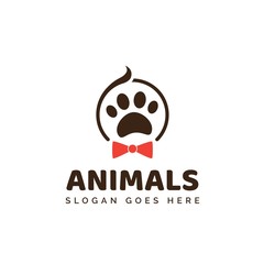 Pet shop clinic home care logo design with person heads and dog or cat footprints