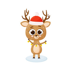 Christmas deer. Red hat of Santa Claus. Vector illustration. Cute cartoon deer. Isolated on white background
