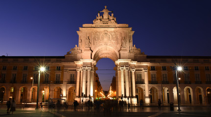 Rua Augusta Arch next to the Praça do Comércio (Commerce square) in Lisbon night view, Portugal