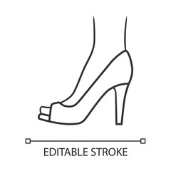 Peep toe high heels linear icon. Woman stylish footwear design. Female casual shoes, luxury summer stilettos. Thin line illustration. Editable stroke. Contour symbol. Vector isolated outline drawing