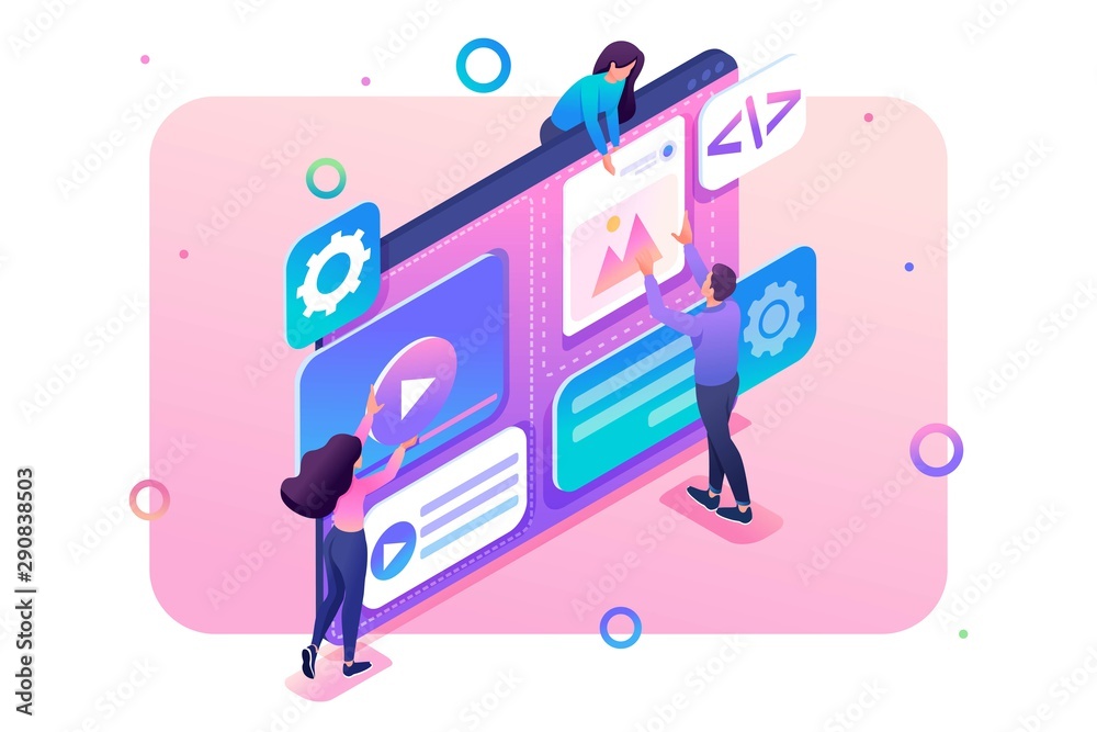 Poster team of specialists is working on the creation of web design. concept of teamwork. 3d isometric. con