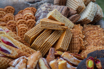 Waffles and cookies food background