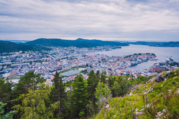 Bergen, Norway - july 18 2019: tourist look at the Scandinavian city of Bergen on a summer day