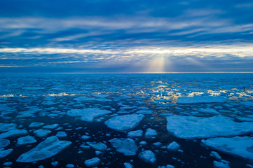 Sunset over an ice pack in the Arctic Circle, Nordaustlandet, Svalbard, Norway