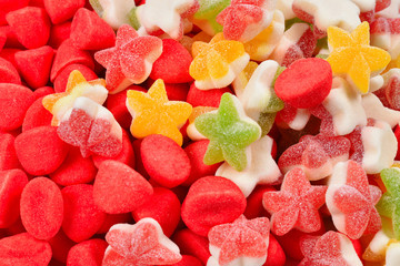 Assorted colorful gummy candies. Top view. Jelly  sweets.